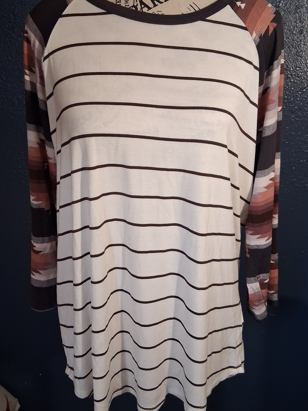 Striped Raglan Tunic with Patterned Sleeves - Cream & Brown Large